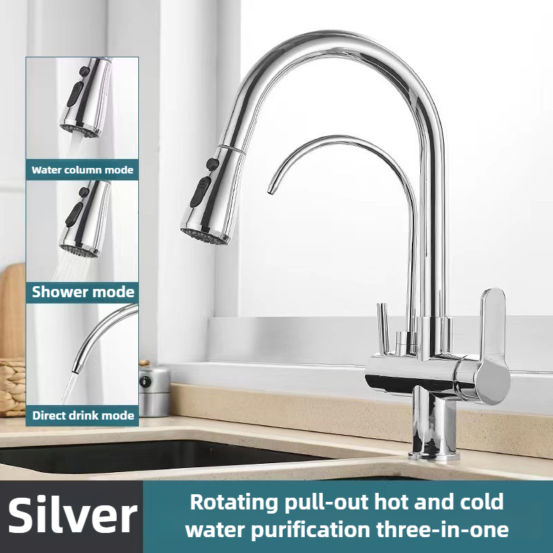 Commercial Kitchen Water Filter - Gewerblicher Küchenhahn mit Doppelfunktions-Ausziehbrause, 3-in-1 Wasserfilter-Reinigungshahn,