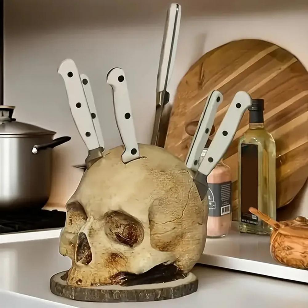 Commercial Kitchen Knife Holder - Totenkopf-förmiger Messerhalter mit Knochentextur Dunkle Horror-Küchendekoration