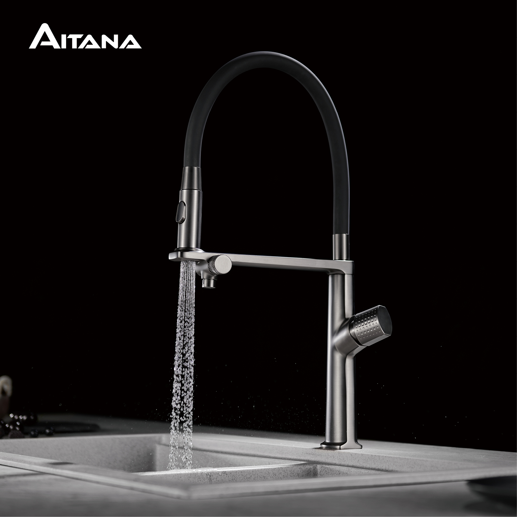 Commercial Kitchen Faucets - Luxuriöser Messing-Küchenhahn in Gunmetal-Grau, 1-Loch-Armatur mit